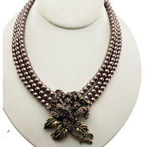 Heidi Daus Necklace Purple Blooming Rose Crystal Pearl Flower Triple Strand